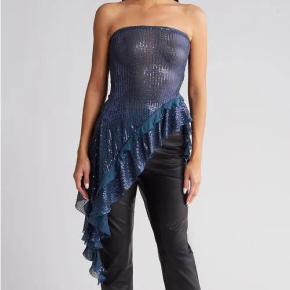 FREE PEOPLE TAYLOR SEQUINS TUBE TOP BLUE MERMAID STYLE ASYMMETRICAL SUMMER TOP